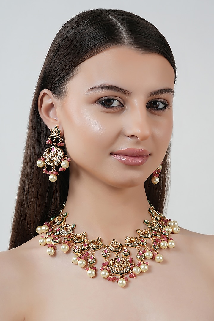 Gold Finish Kundan Polki & Pink Stone Necklace Set by Chhavi's Jewels at Pernia's Pop Up Shop