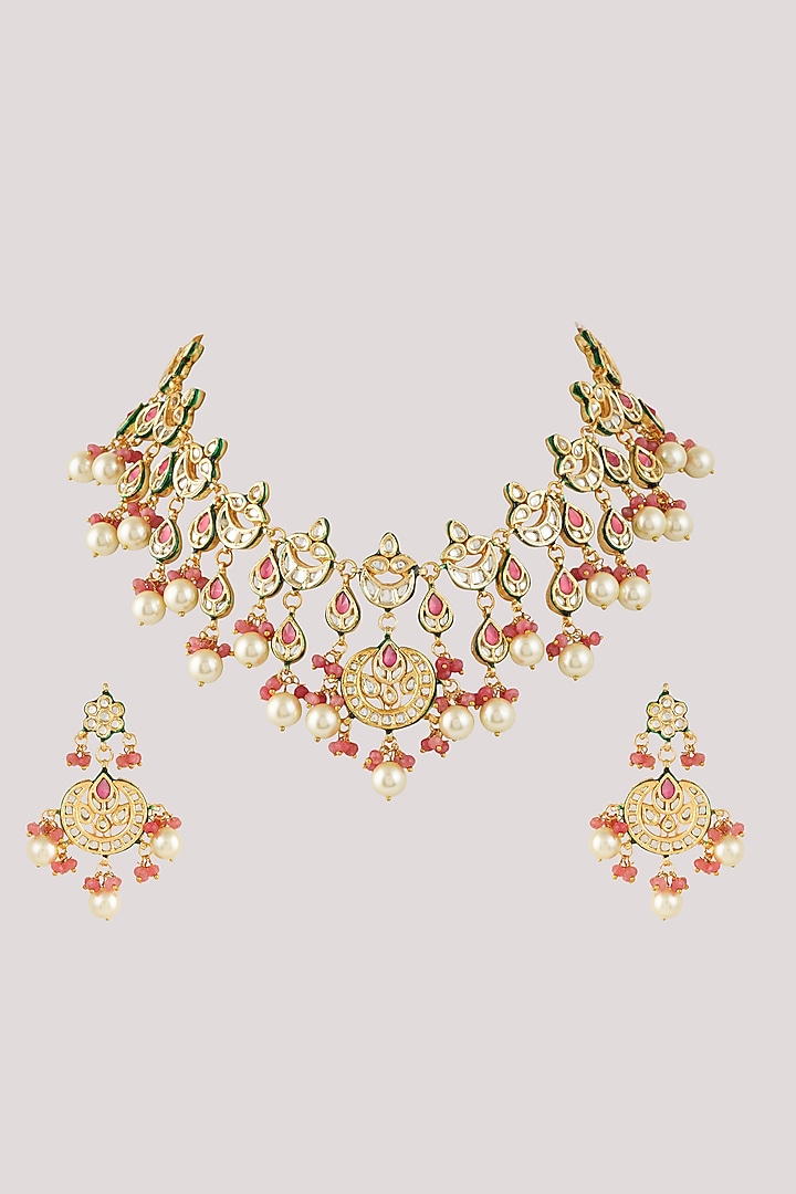 Gold Finish Kundan Polki & Pink Stone Necklace Set by Chhavi's Jewels at Pernia's Pop Up Shop