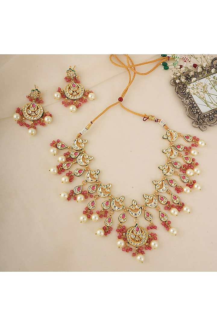 Gold Finish Kundan Polki & Pink Stone Necklace Set by Chhavi's Jewels at Pernia's Pop Up Shop