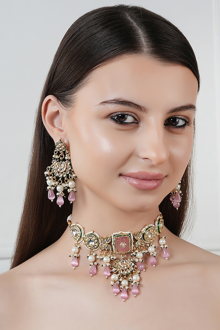 Gold Finish Kundan Polki & Pink Stone Choker Necklace Set by Chhavi's Jewels at Pernia's Pop Up Shop