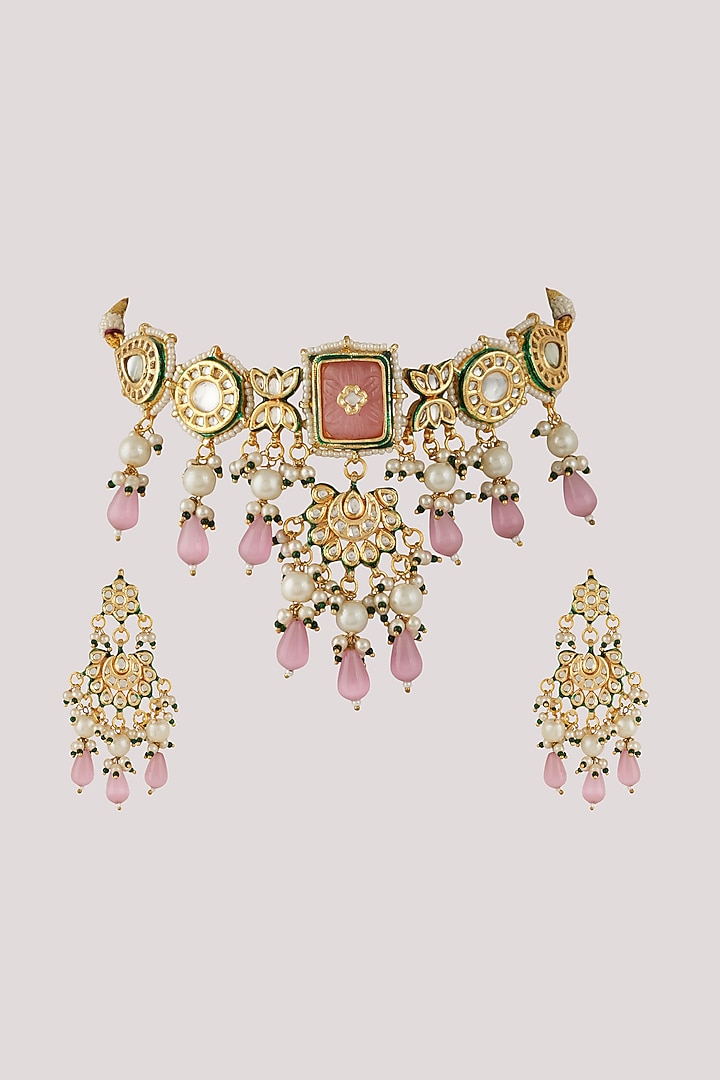Gold Finish Kundan Polki & Pink Stone Choker Necklace Set by Chhavi's Jewels at Pernia's Pop Up Shop