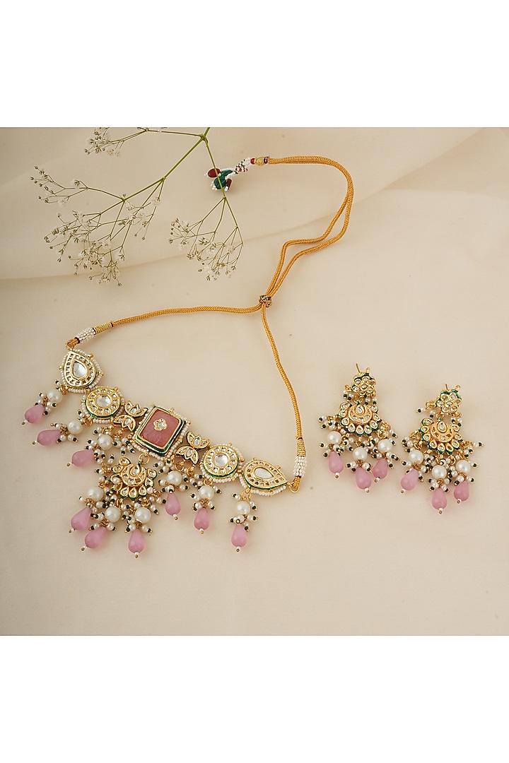 Gold Finish Kundan Polki & Pink Stone Choker Necklace Set by Chhavi's Jewels at Pernia's Pop Up Shop