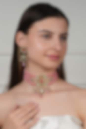 Gold Finish Kundan Polki & Pink Stone Choker Necklace Set by Chhavi's Jewels at Pernia's Pop Up Shop