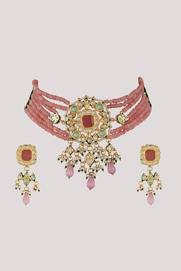 Gold Finish Kundan Polki & Pink Stone Choker Necklace Set by Chhavi's Jewels at Pernia's Pop Up Shop