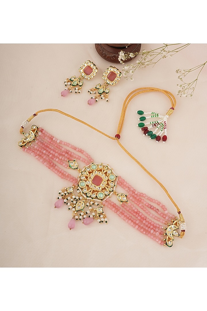 Gold Finish Kundan Polki & Pink Stone Choker Necklace Set by Chhavi's Jewels at Pernia's Pop Up Shop