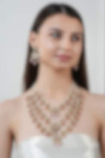 Gold Finish Kundan Polki & Pink Stone Long Necklace Set by Chhavi's Jewels at Pernia's Pop Up Shop