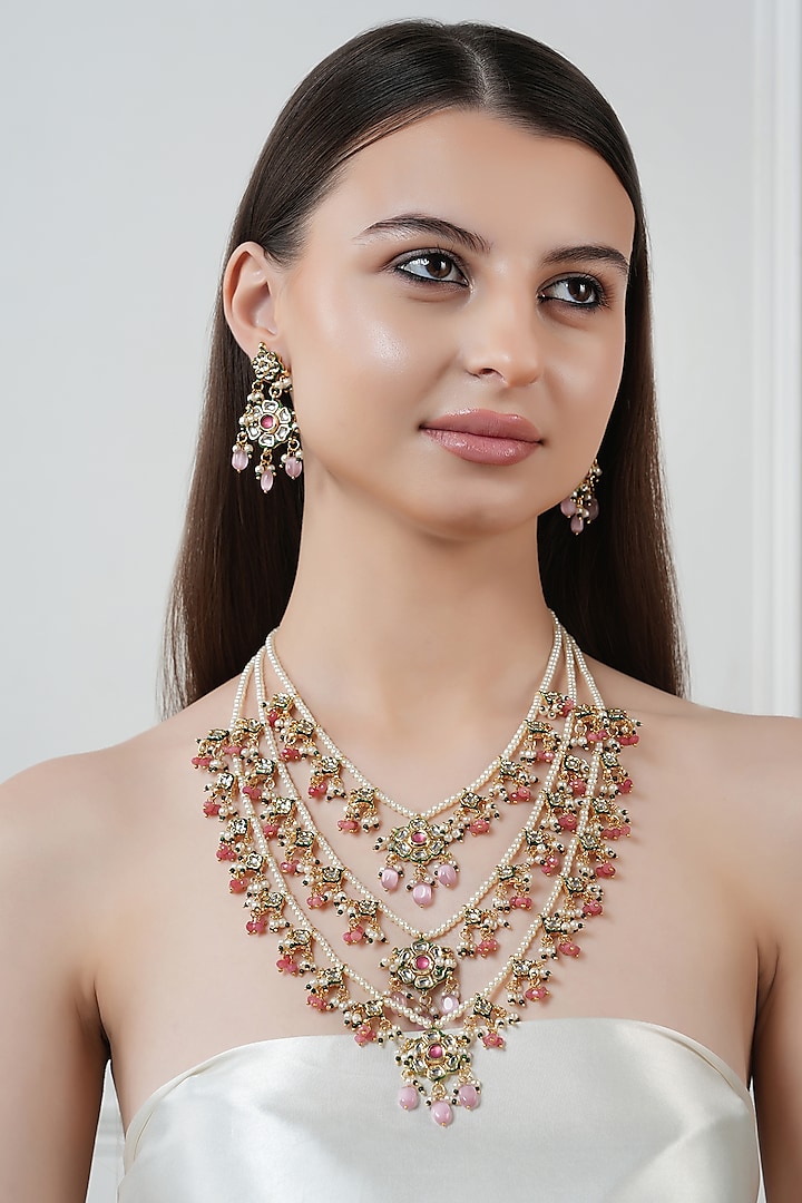 Gold Finish Kundan Polki & Pink Stone Long Necklace Set by Chhavi's Jewels at Pernia's Pop Up Shop