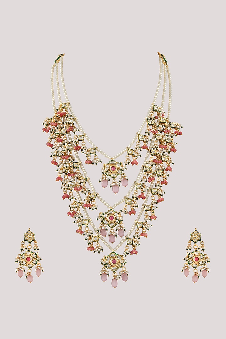 Gold Finish Kundan Polki & Pink Stone Long Necklace Set by Chhavi's Jewels at Pernia's Pop Up Shop