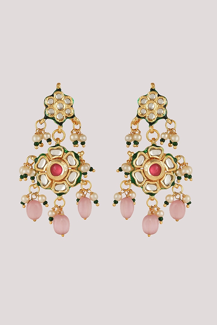 Gold Finish Kundan Polki & Pink Stone Long Necklace Set by Chhavi's Jewels at Pernia's Pop Up Shop