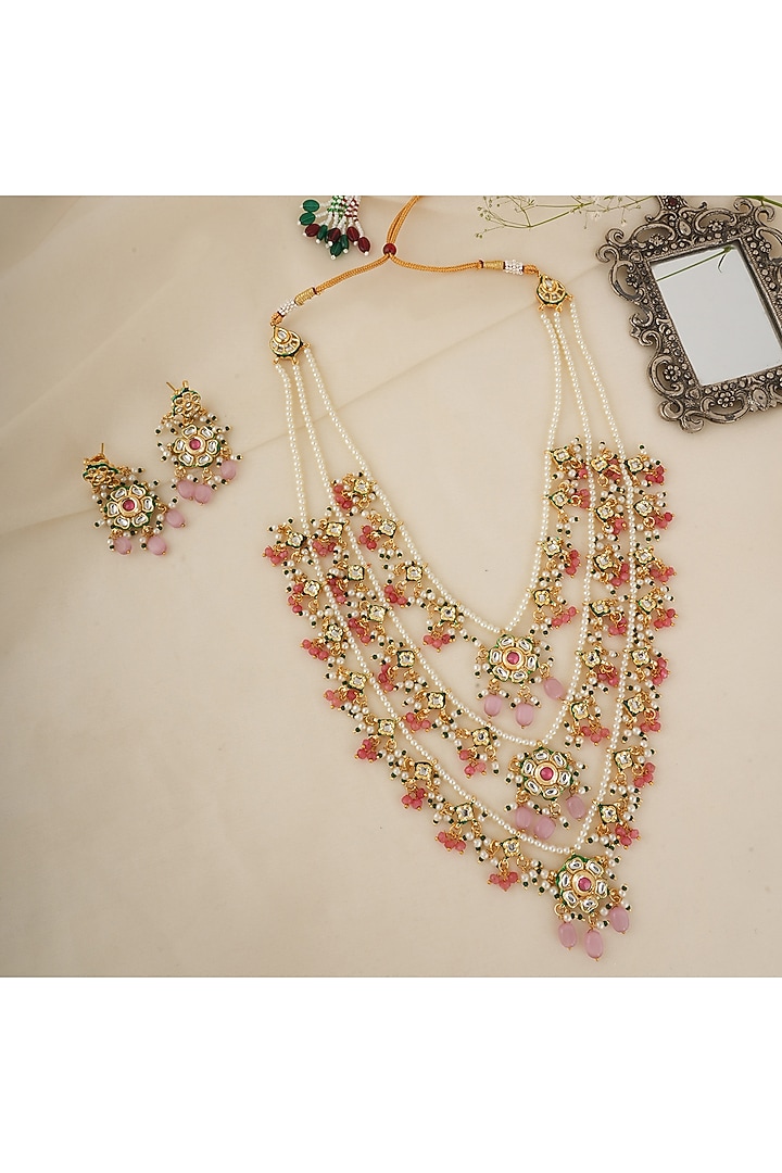 Gold Finish Kundan Polki & Pink Stone Long Necklace Set by Chhavi's Jewels at Pernia's Pop Up Shop