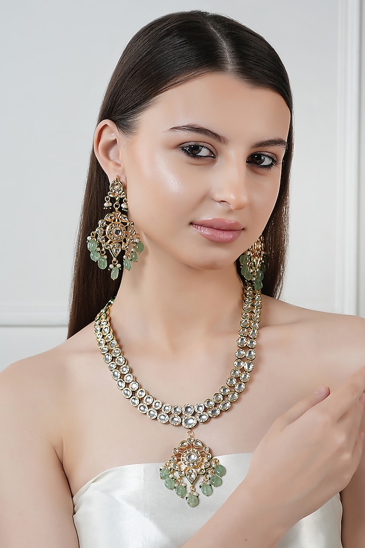 Gold Finish Kundan Polki & Green Stone Long Necklace Set by Chhavi's Jewels at Pernia's Pop Up Shop