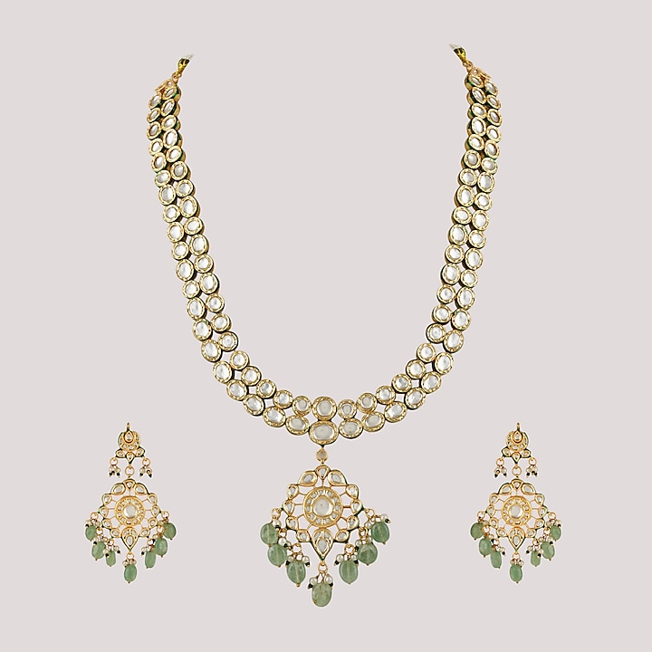 Gold Finish Kundan Polki & Green Stone Long Necklace Set by Chhavi's Jewels at Pernia's Pop Up Shop
