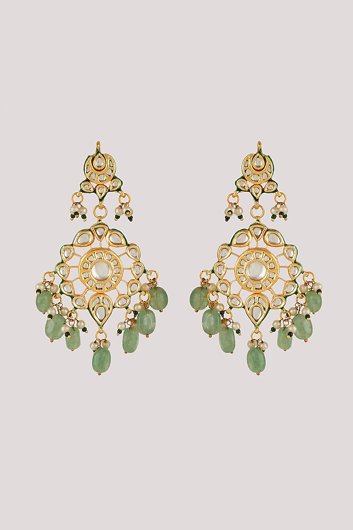 Gold Finish Kundan Polki & Green Stone Long Necklace Set by Chhavi's Jewels at Pernia's Pop Up Shop
