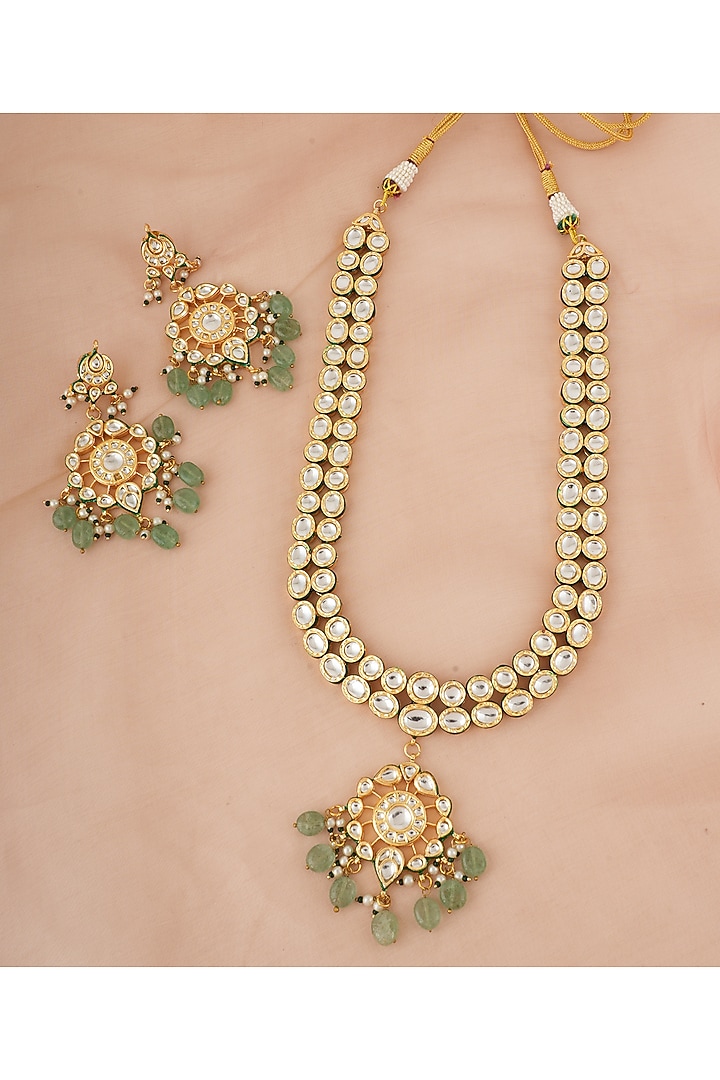 Gold Finish Kundan Polki & Green Stone Long Necklace Set by Chhavi's Jewels at Pernia's Pop Up Shop