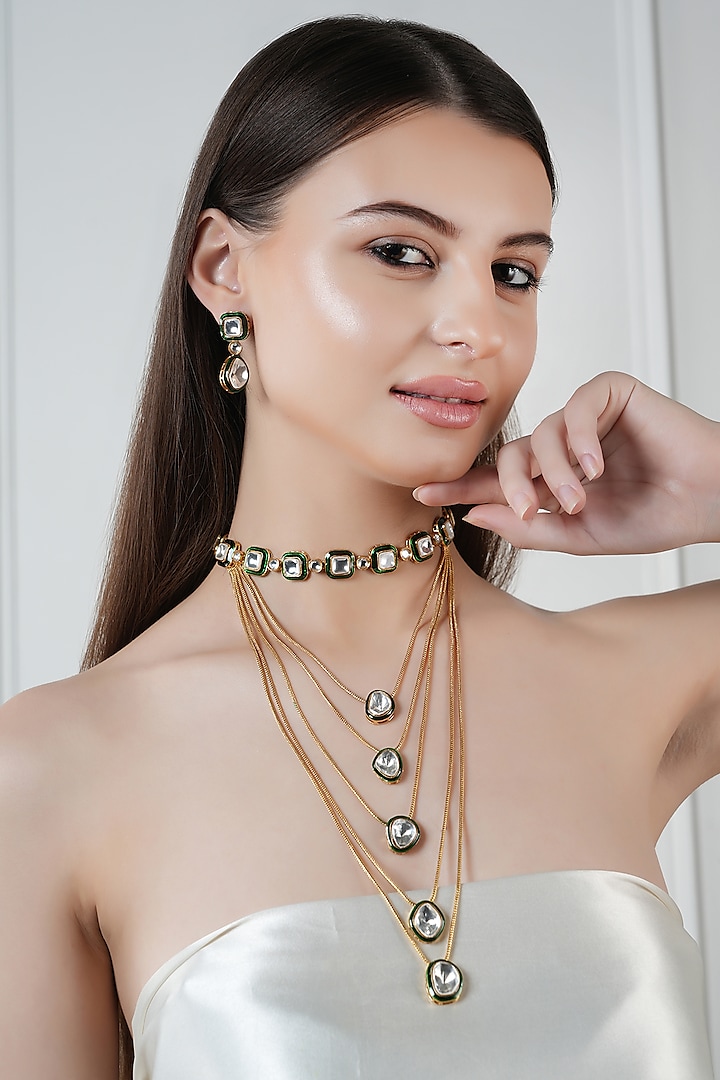 Gold Finish Kundan Polki & Green Stone Long Necklace Set by Chhavi's Jewels at Pernia's Pop Up Shop