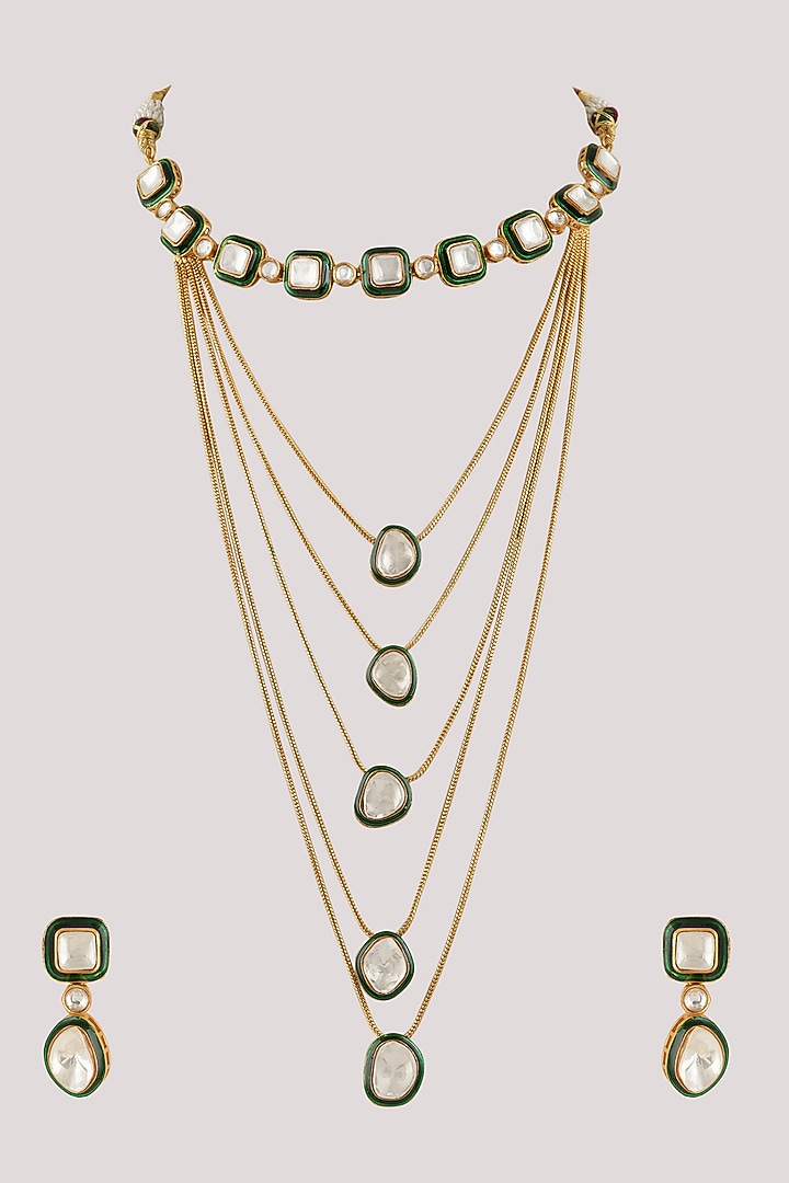 Gold Finish Kundan Polki & Green Stone Long Necklace Set by Chhavi's Jewels at Pernia's Pop Up Shop
