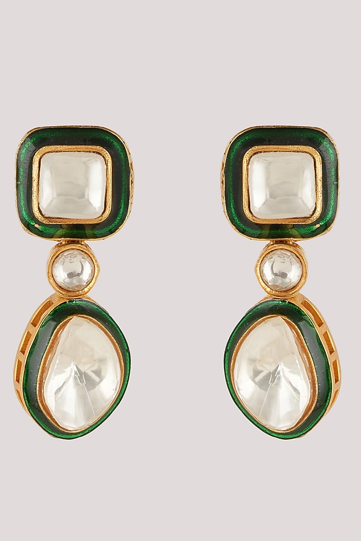 Gold Finish Kundan Polki & Green Stone Long Necklace Set by Chhavi's Jewels at Pernia's Pop Up Shop