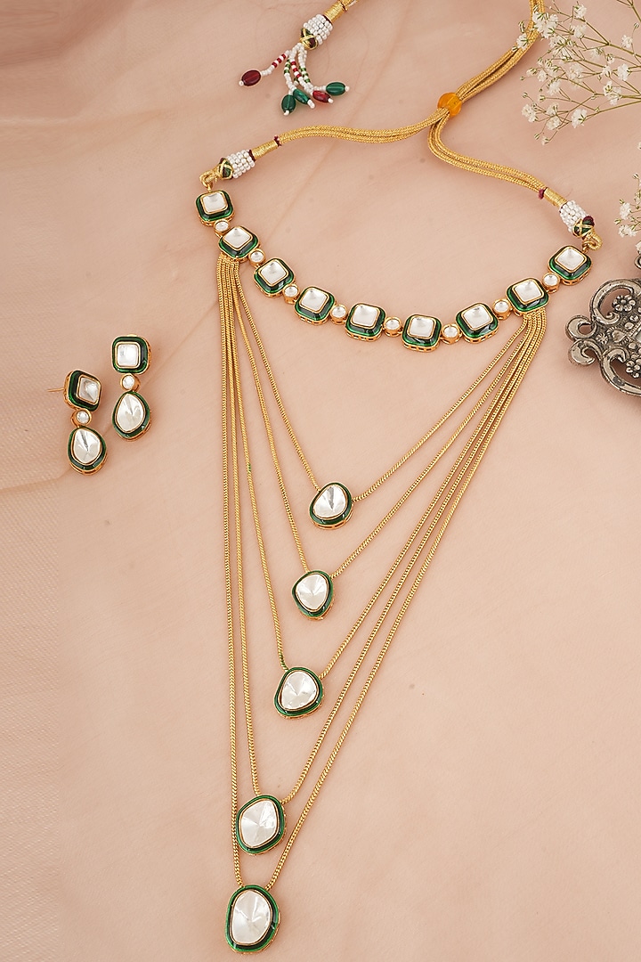 Gold Finish Kundan Polki & Green Stone Long Necklace Set by Chhavi's Jewels at Pernia's Pop Up Shop