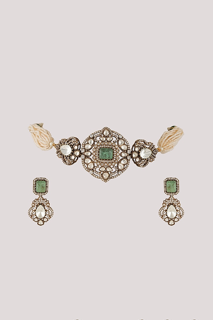 Gold Finish Kundan Polki & Green Stone Choker Necklace Set by Chhavi's Jewels at Pernia's Pop Up Shop