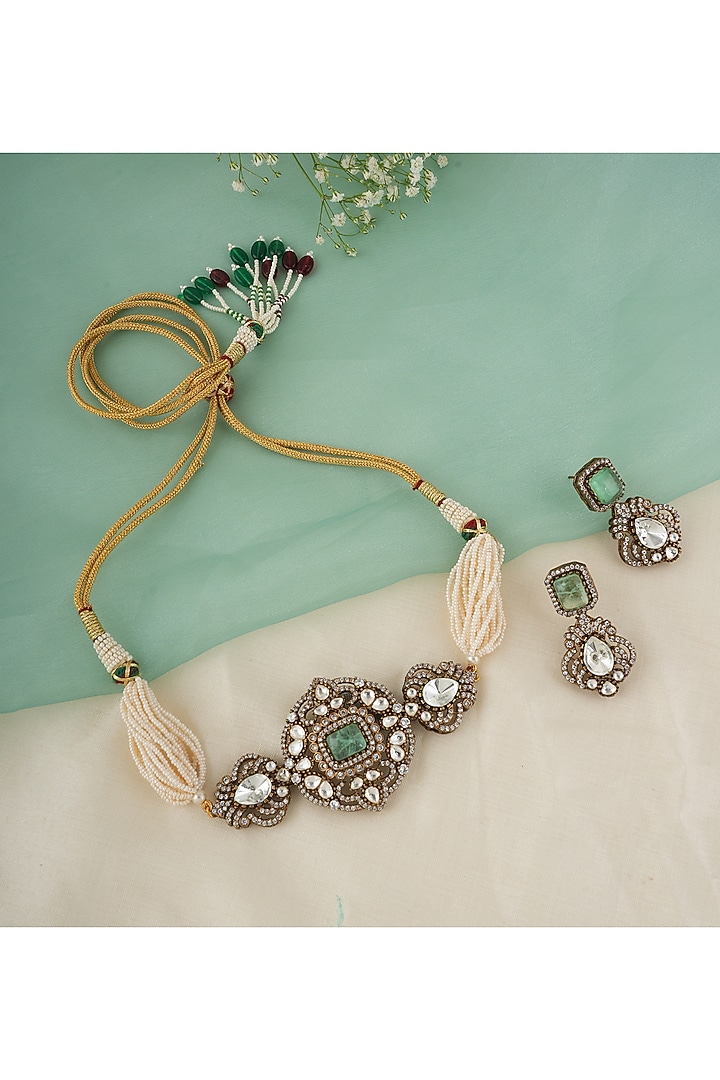 Gold Finish Kundan Polki & Green Stone Choker Necklace Set by Chhavi's Jewels at Pernia's Pop Up Shop