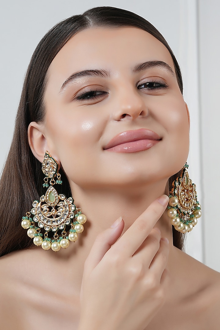 Gold Finish Kundan Polki & Green Stone Chandbali Earrings by Chhavi's Jewels at Pernia's Pop Up Shop