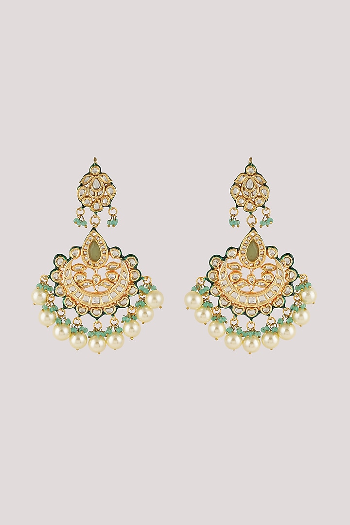 Gold Finish Kundan Polki & Green Stone Chandbali Earrings by Chhavi's Jewels at Pernia's Pop Up Shop