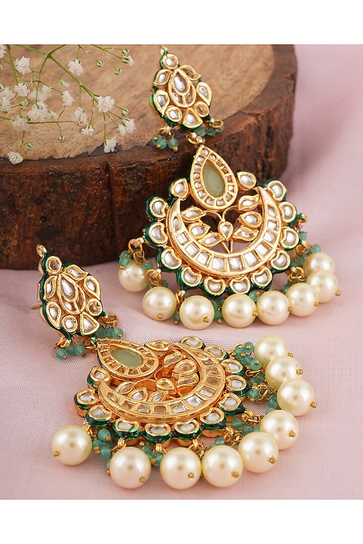Gold Finish Kundan Polki & Green Stone Chandbali Earrings by Chhavi's Jewels at Pernia's Pop Up Shop