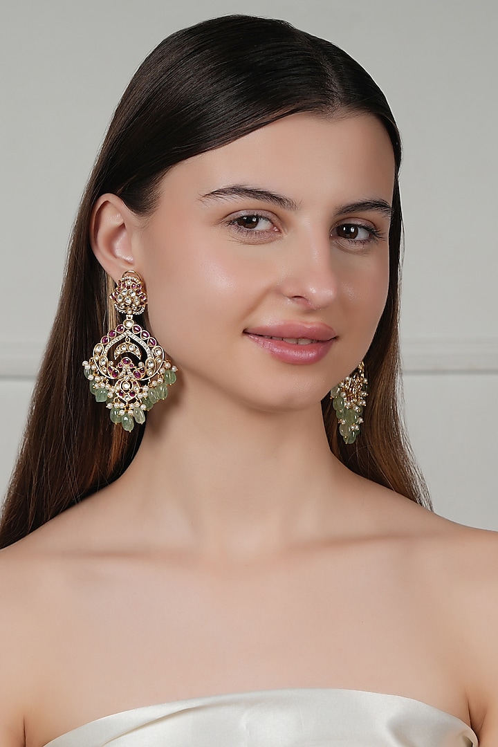 Gold Finish Kundan Polki & Pink Stone Dangler Earrings by Chhavi's Jewels at Pernia's Pop Up Shop