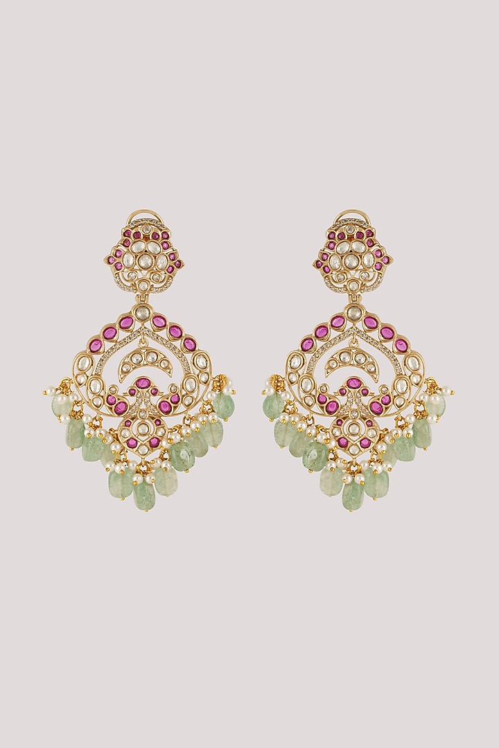Gold Finish Kundan Polki & Pink Stone Dangler Earrings by Chhavi's Jewels at Pernia's Pop Up Shop