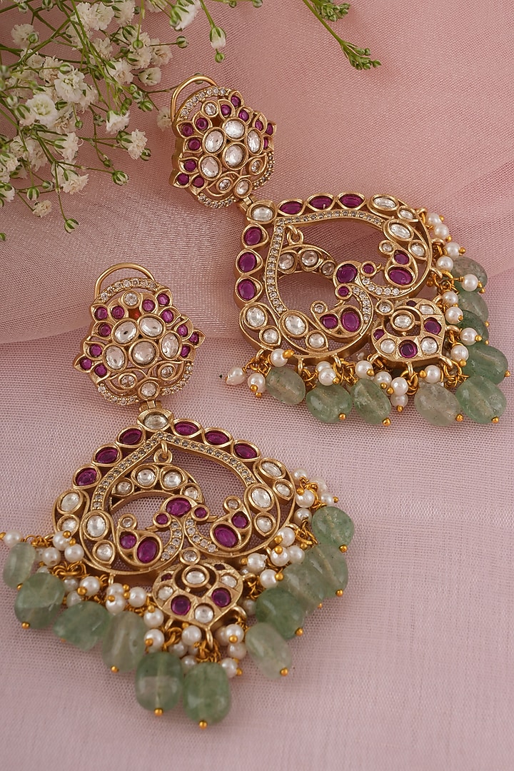 Gold Finish Kundan Polki & Pink Stone Dangler Earrings by Chhavi's Jewels at Pernia's Pop Up Shop
