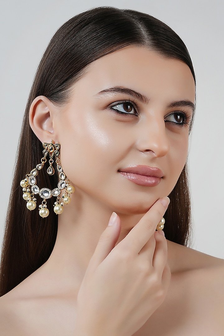 Gold Finish Kundan Polki Chandbali Earrings by Chhavi's Jewels at Pernia's Pop Up Shop