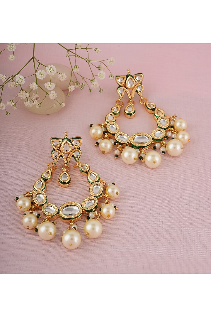 Gold Finish Kundan Polki Chandbali Earrings by Chhavi's Jewels at Pernia's Pop Up Shop