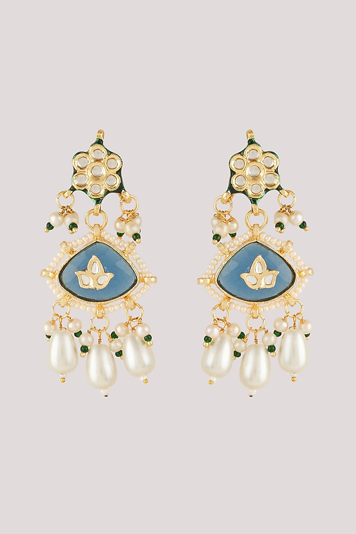 Gold Finish Kundan Polki & Blue Stone Dangler Earrings by Chhavi's Jewels at Pernia's Pop Up Shop