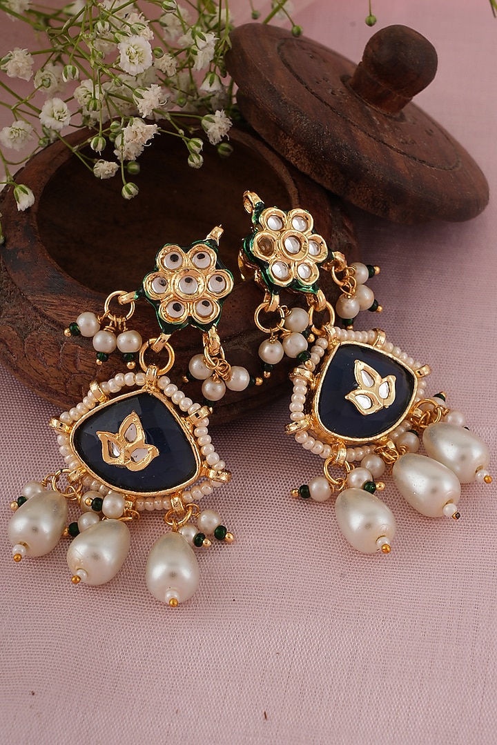 Gold Finish Kundan Polki & Blue Stone Dangler Earrings by Chhavi's Jewels at Pernia's Pop Up Shop