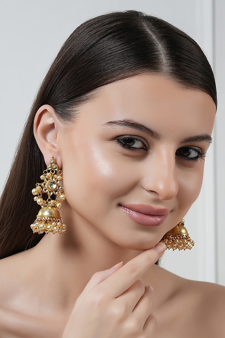 Gold Finish Kundan Polki Jhumka Earrings by Chhavi's Jewels at Pernia's Pop Up Shop