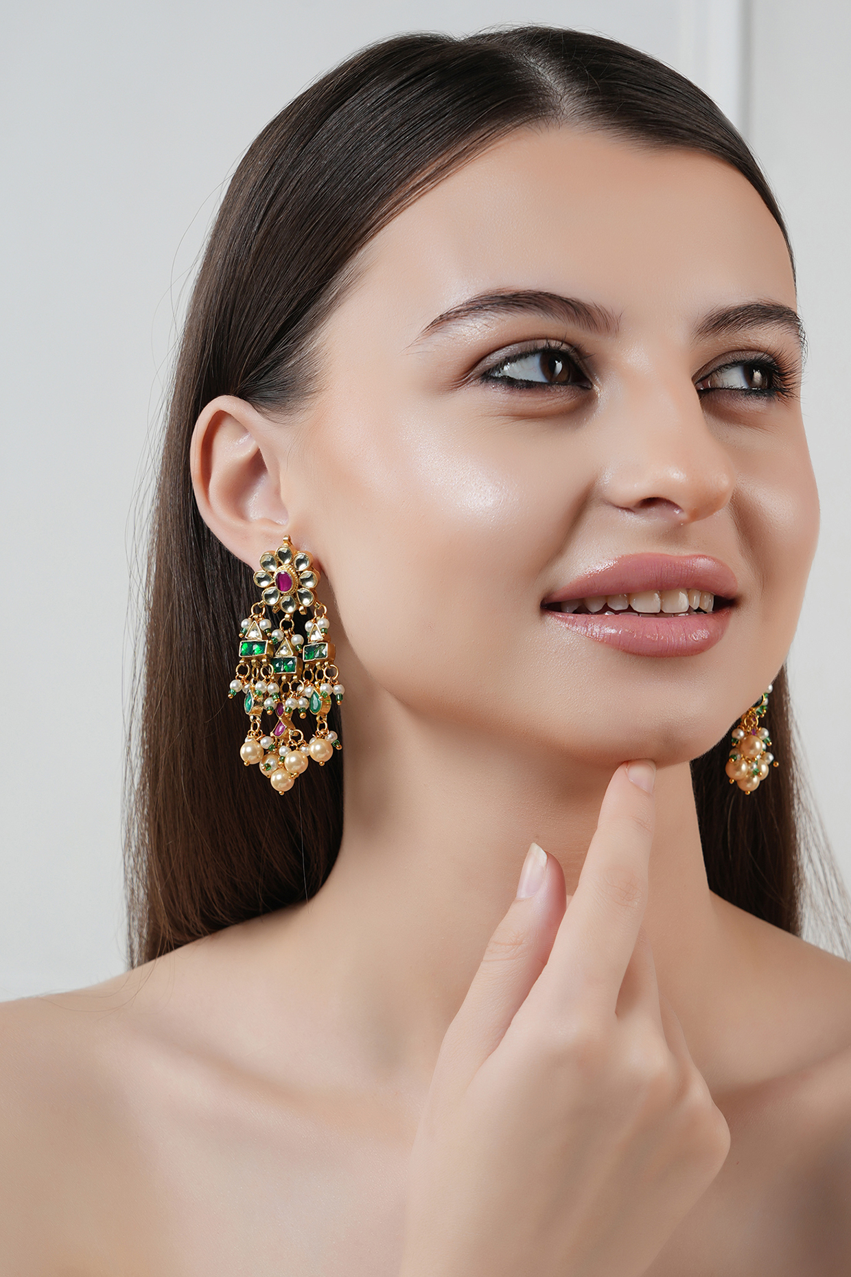 Gold Finish Kundan Polki & Multi-Colored Stone Dangler Earrings by Chhavi's Jewels at Pernia's Pop Up Shop