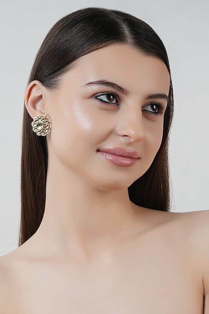 Gold Finish Kundan Polki Stud Earrings by Chhavi's Jewels at Pernia's Pop Up Shop