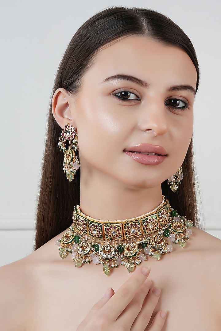 Gold Finish Kundan Polki & Multi-Colored Stone Choker Necklace Set by Chhavi's Jewels at Pernia's Pop Up Shop