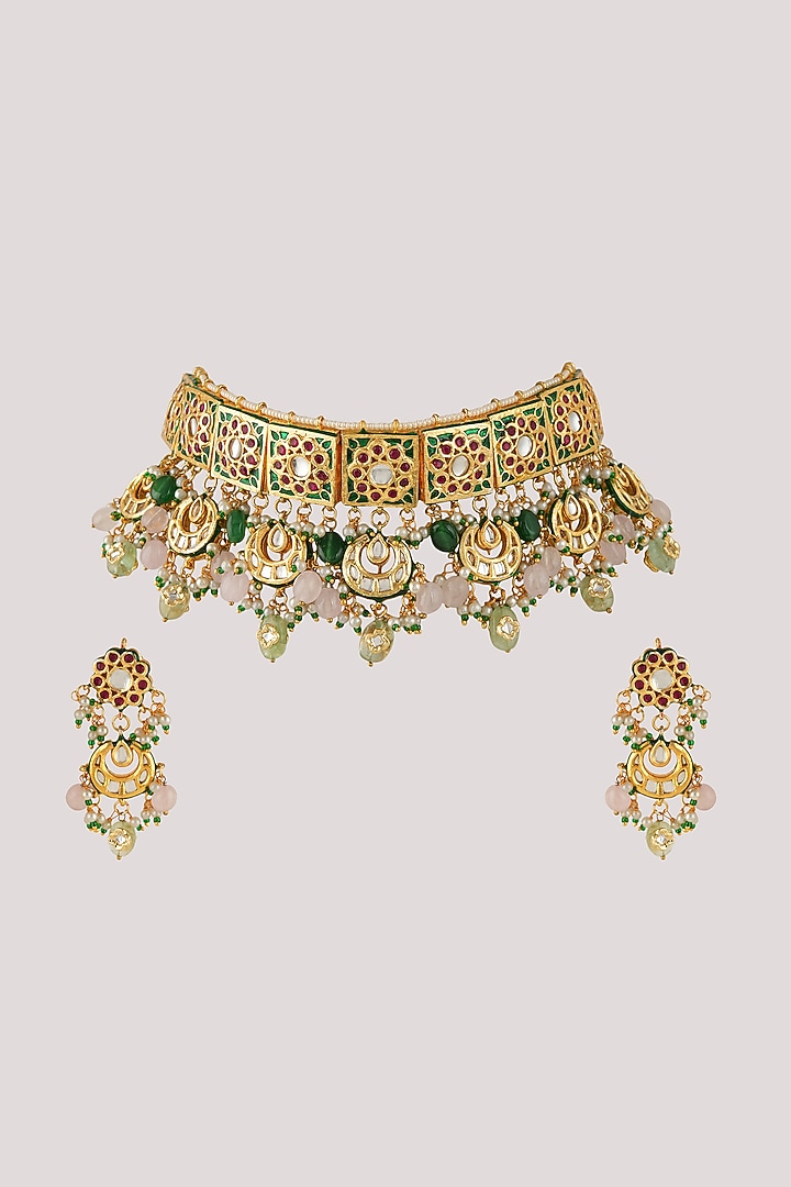Gold Finish Kundan Polki & Multi-Colored Stone Choker Necklace Set by Chhavi's Jewels at Pernia's Pop Up Shop
