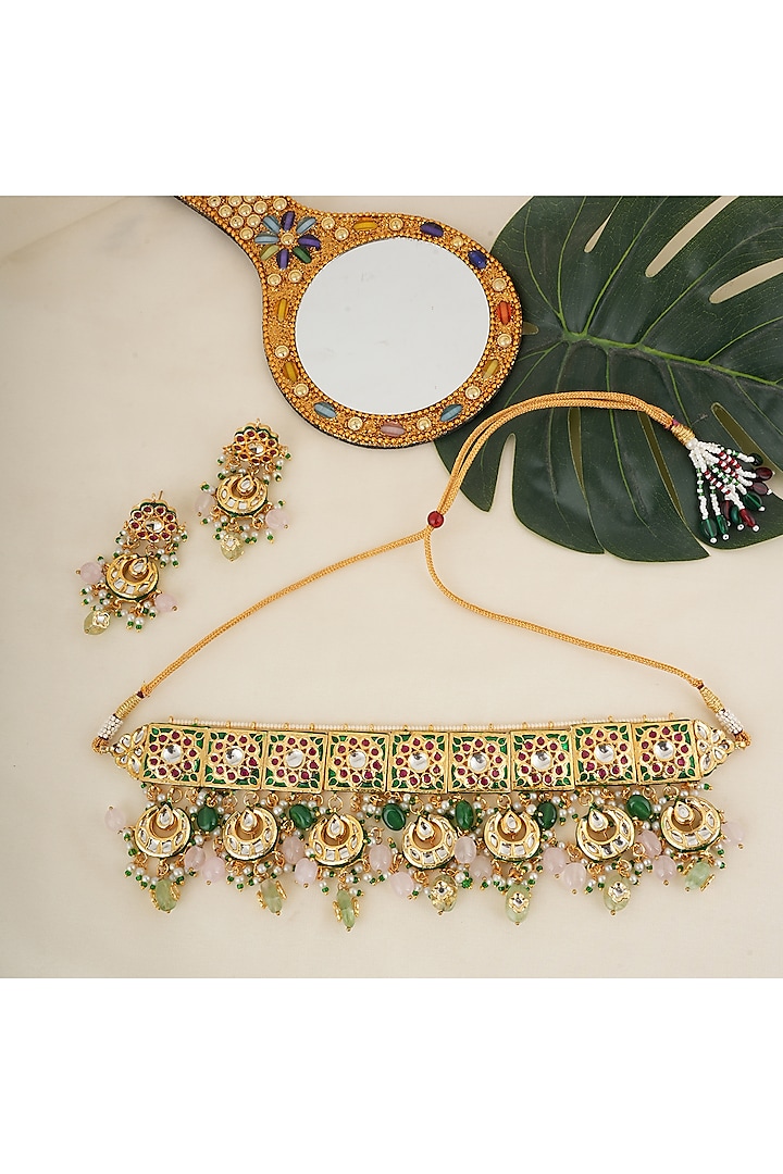 Gold Finish Kundan Polki & Multi-Colored Stone Choker Necklace Set by Chhavi's Jewels at Pernia's Pop Up Shop