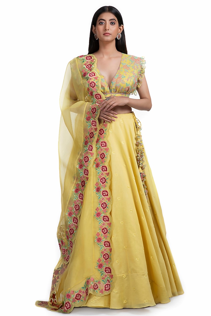 Yellow Block Printed Lehenga Set by Chhaya Mehrotra