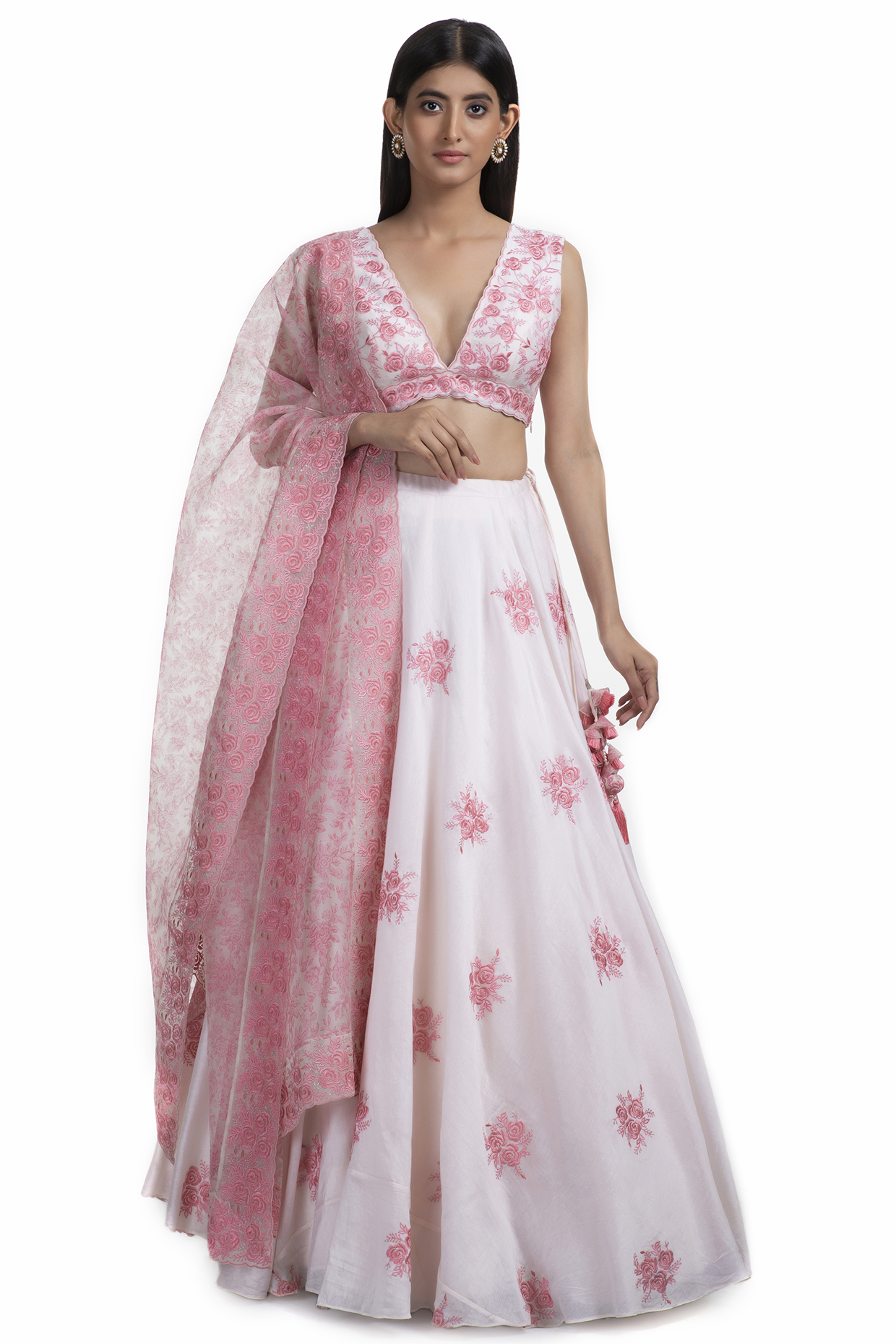 Powder Pink Block Printed Lehenga Set by Chhaya Mehrotra