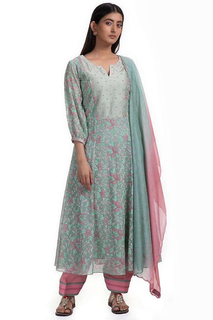 Mint Block Printed Kurta Set by Chhaya Mehrotra