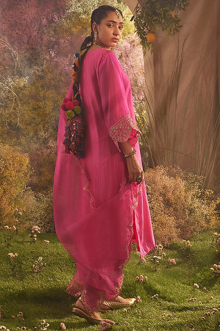 Hot Pink Silk Organza Hand Embroidered Kurta Set by Charu Makkar at Pernia's Pop Up Shop