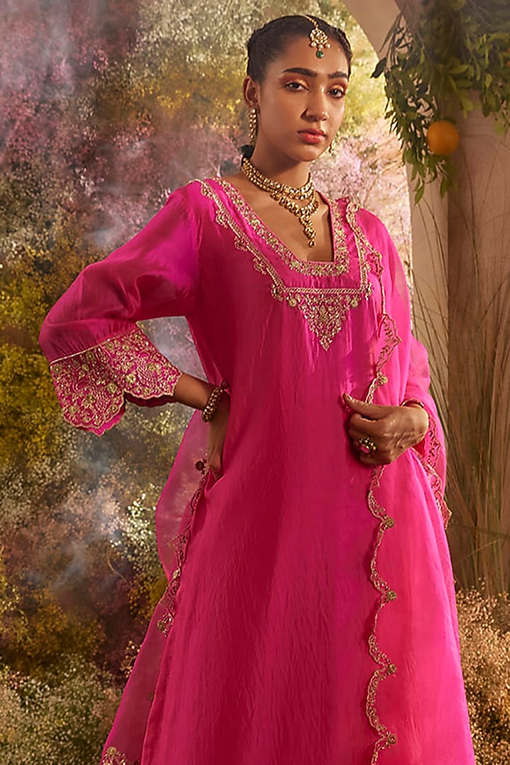 Hot Pink Silk Organza Hand Embroidered Kurta Set by Charu Makkar at Pernia's Pop Up Shop