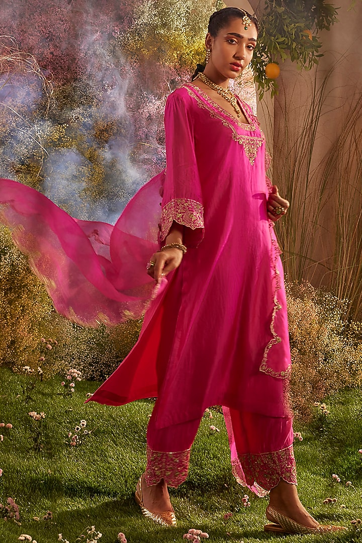 Hot Pink Silk Organza Hand Embroidered Kurta Set by Charu Makkar at Pernia's Pop Up Shop