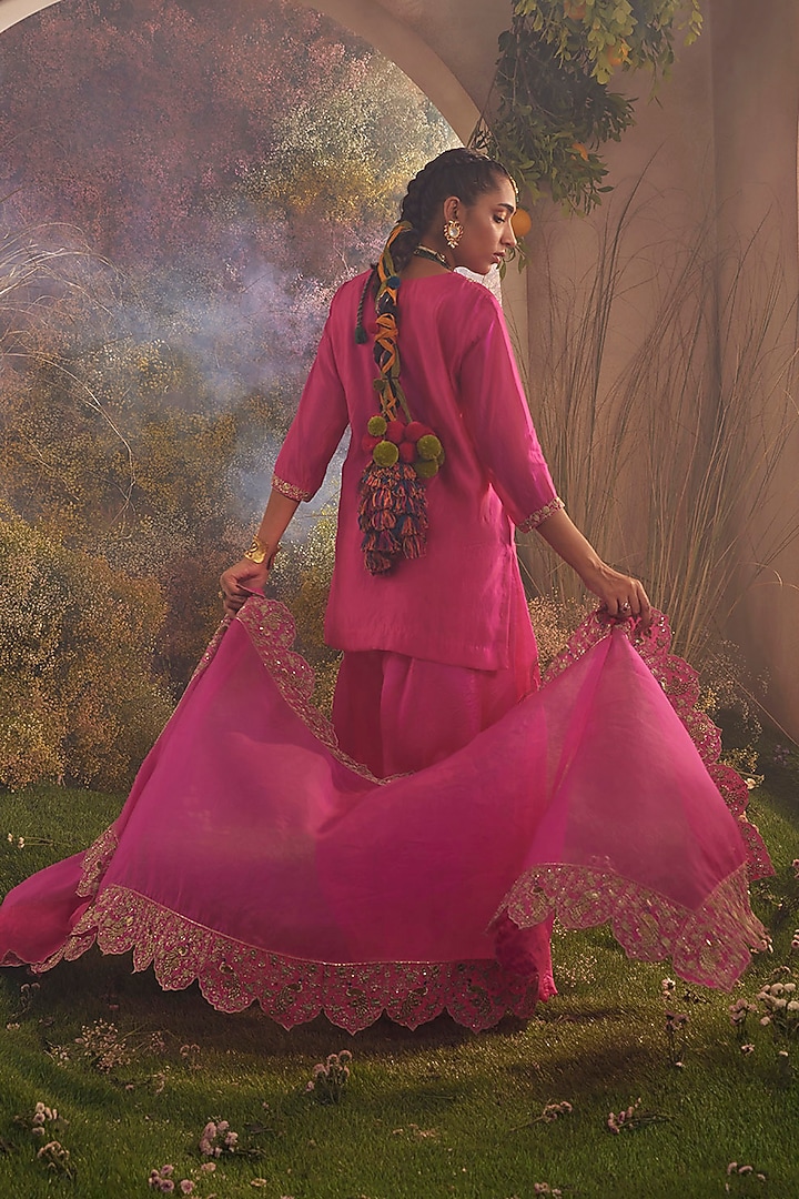 Hot Pink Silk Organza Dabka Hand Embroidered Bridal Sharara Set by Charu Makkar at Pernia's Pop Up Shop