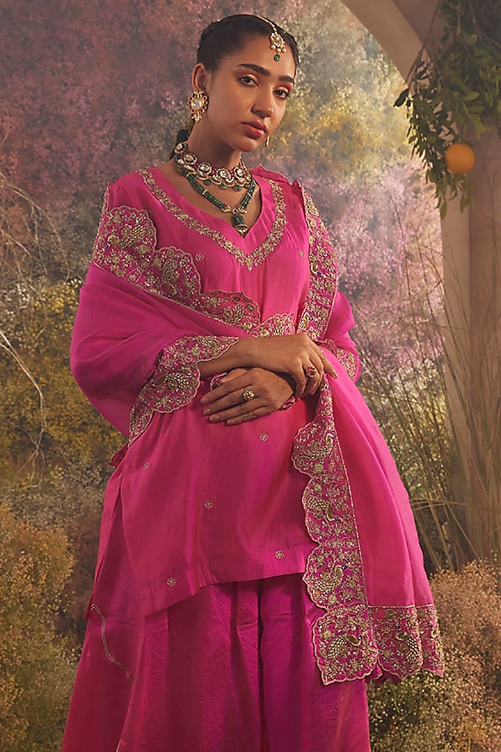 Hot Pink Silk Organza Dabka Hand Embroidered Bridal Sharara Set by Charu Makkar at Pernia's Pop Up Shop