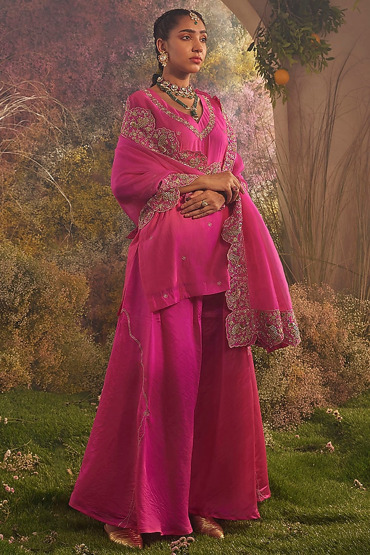 Hot Pink Silk Organza Dabka Hand Embroidered Bridal Sharara Set by Charu Makkar at Pernia's Pop Up Shop