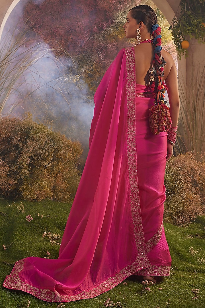 Hot Pink Silk Organza Hand Embroidered Wedding Saree Set by Charu Makkar at Pernia's Pop Up Shop